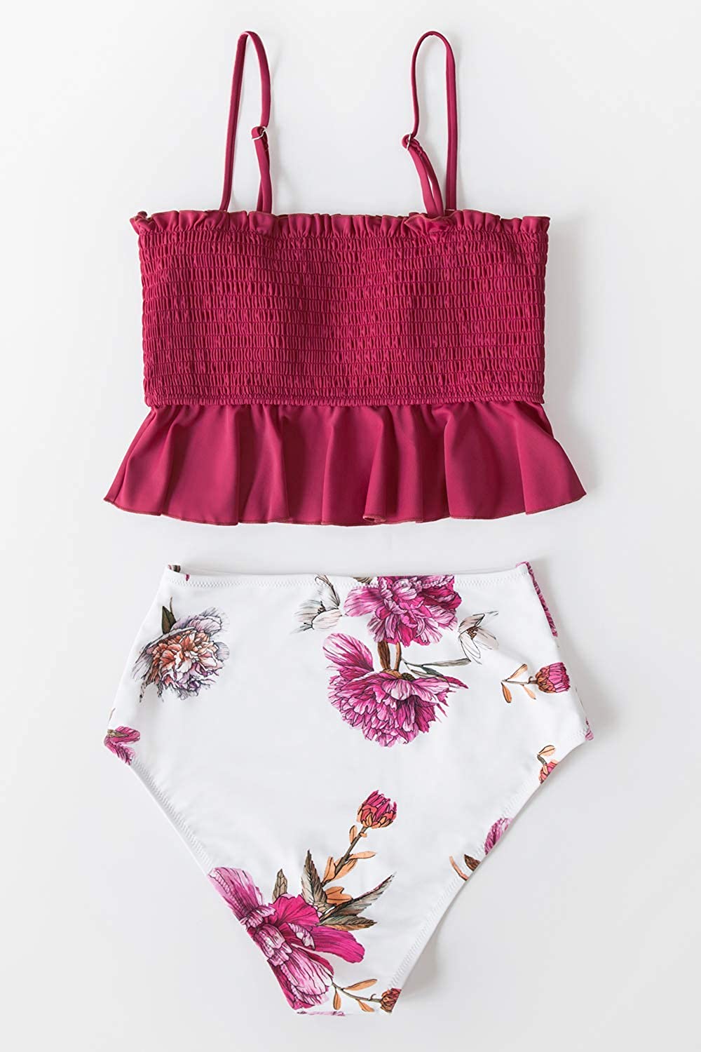 CUPSHE Women's High Waist Bikini Swimsuit Ruffle Smock Floral Print Two Piece Bathing Suit