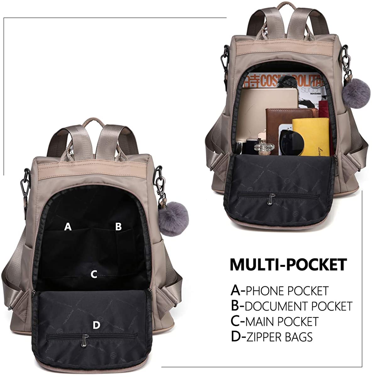 Women Backpack Purse Waterproof Nylon Anti-theft Rucksack Lightweight Shoulder Bag