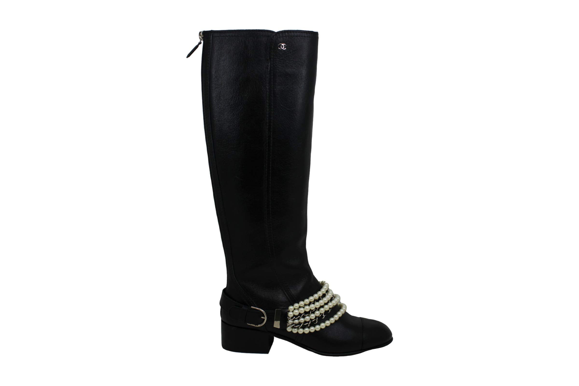 CHANEL Womens G33933 Leather Closed Toe Knee High Fashion Boots, Black, Size 7.0