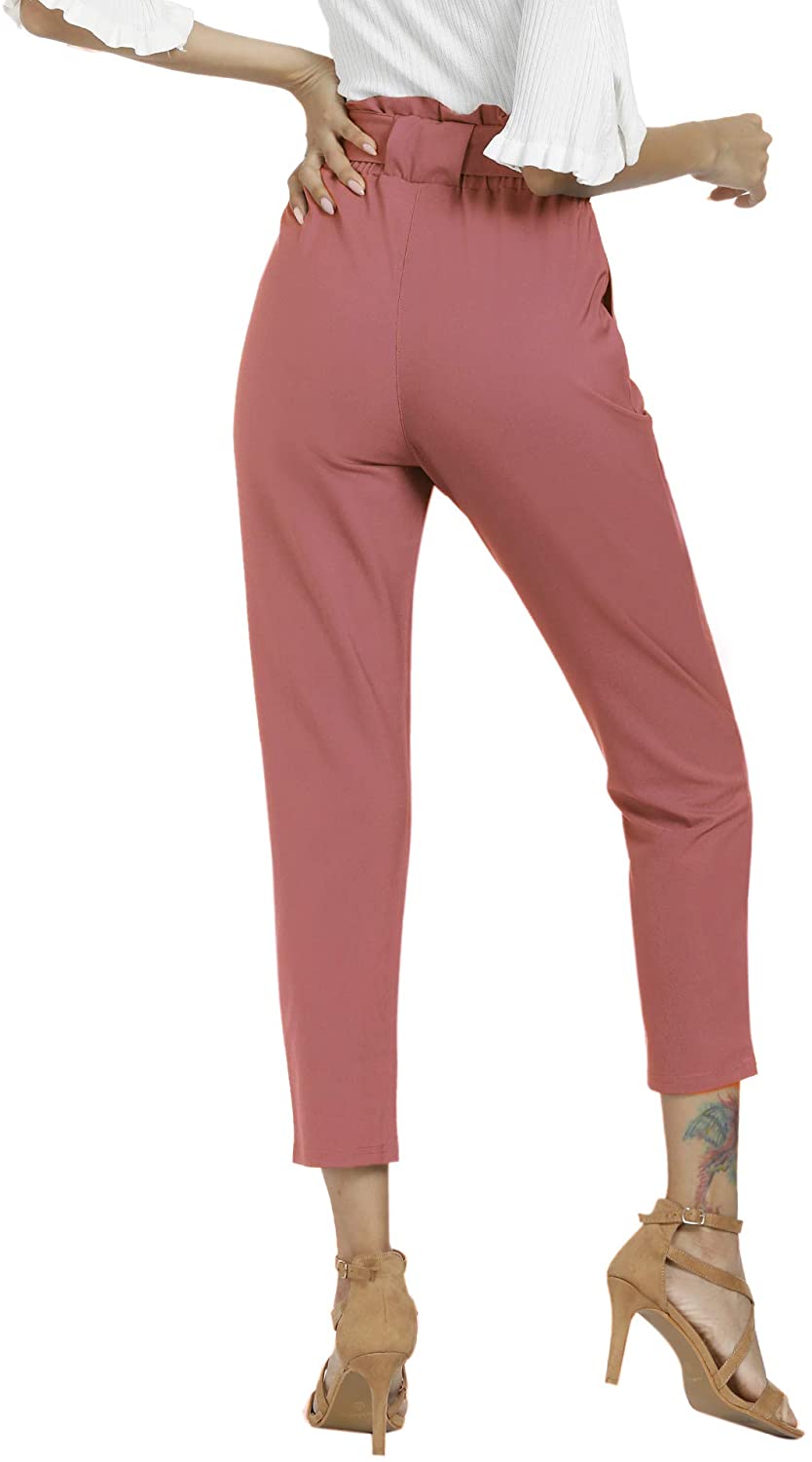 Freeprance Women's Pants Casual Trouser Paper Bag Pants Elastic Waist Slim Pockets
