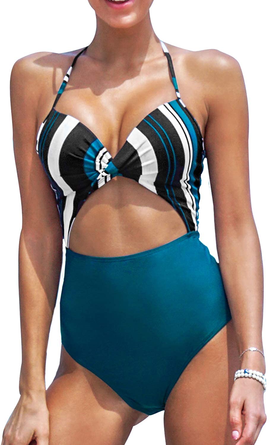 CUPSHE Women's Black Floral Print Halter Cutout High Waist One Piece Swimsuit
