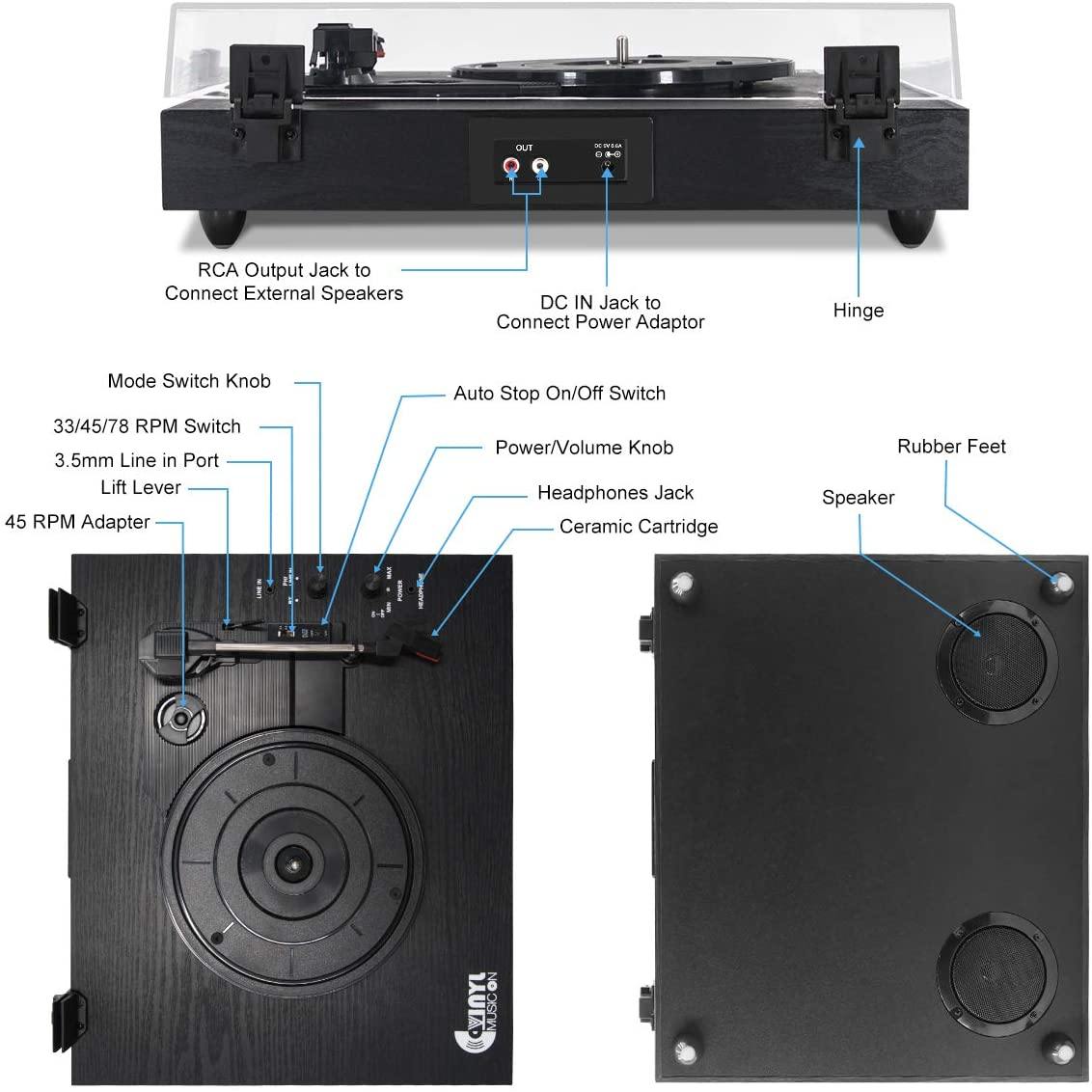 Retro Record Player for 33/45/78 RPM Vinyl Records,Bluetooth Belt-Drive Turntable - JOY2ESpree