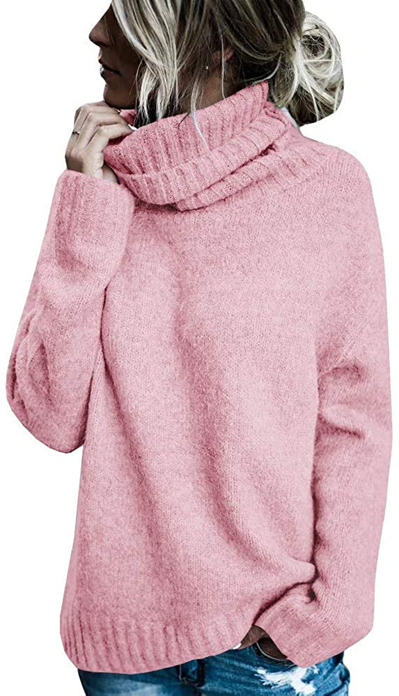 FISACE Womens Solid Round Neck Oversized Turtleneck Full Sleeve Knitted Sweater Pullover