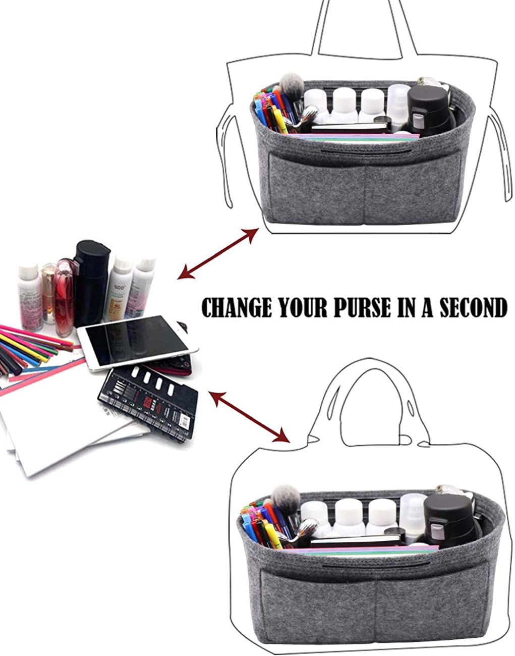 Felt Purse Organizer Insert Zipper Pocket with Two Removeable Bottle Holder