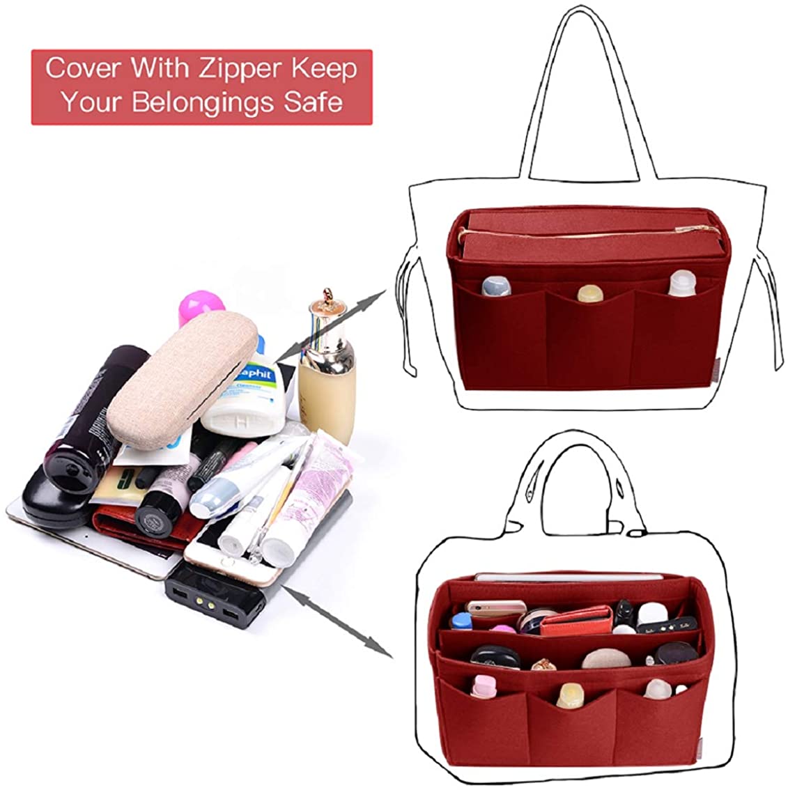 Purse Organizer Insert, Bag Organizer with NEW Detachable Zipper cover, fits Speedy Neverful, St Lious, Tote, 5 Size