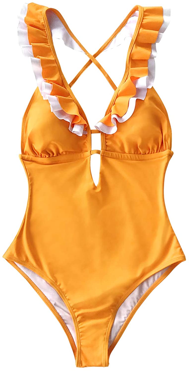 CUPSHE Women's One Piece Swimsuit Ruffle Deep V Neck Strappy Swimwear Bathing Suits