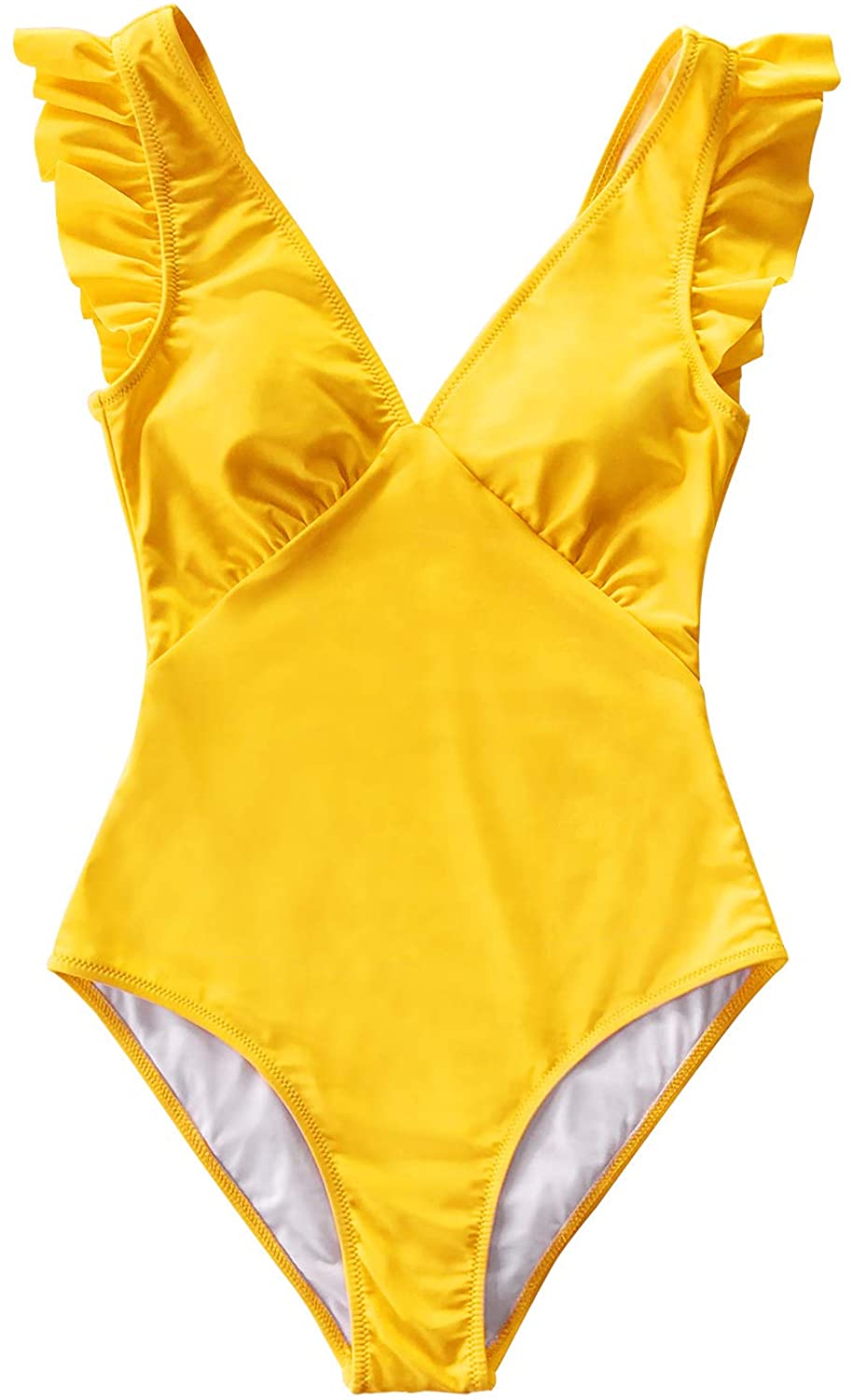 CUPSHE Women's One Piece Swimsuit V Neck Ruched Ruffle Shoulder Swimwear Bathing Suits