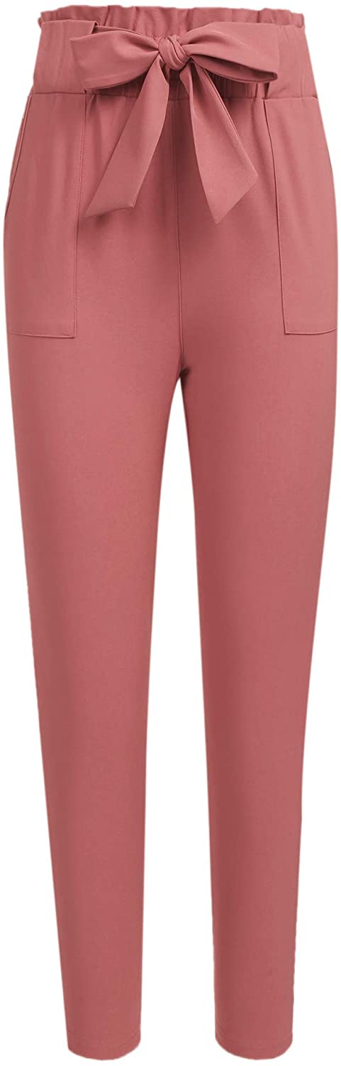Freeprance Women's Pants Casual Trouser Paper Bag Pants Elastic Waist Slim Pockets