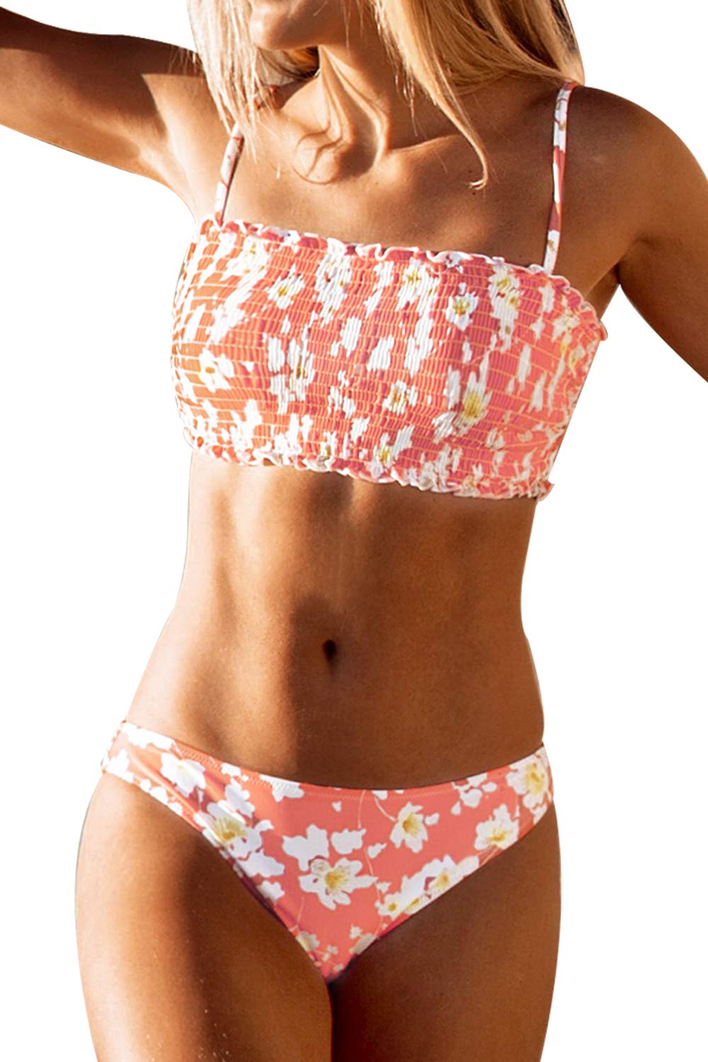 CUPSHE Women's Floral Smocked Bandeau Bikini Sets