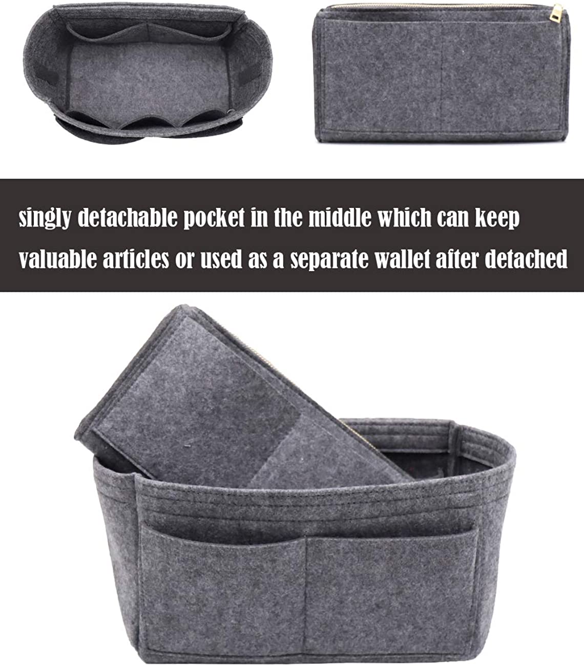 Felt Purse Bag Organizer Insert with zipper Bag Tote Shaper Fit Speedy Neverfull MM GM