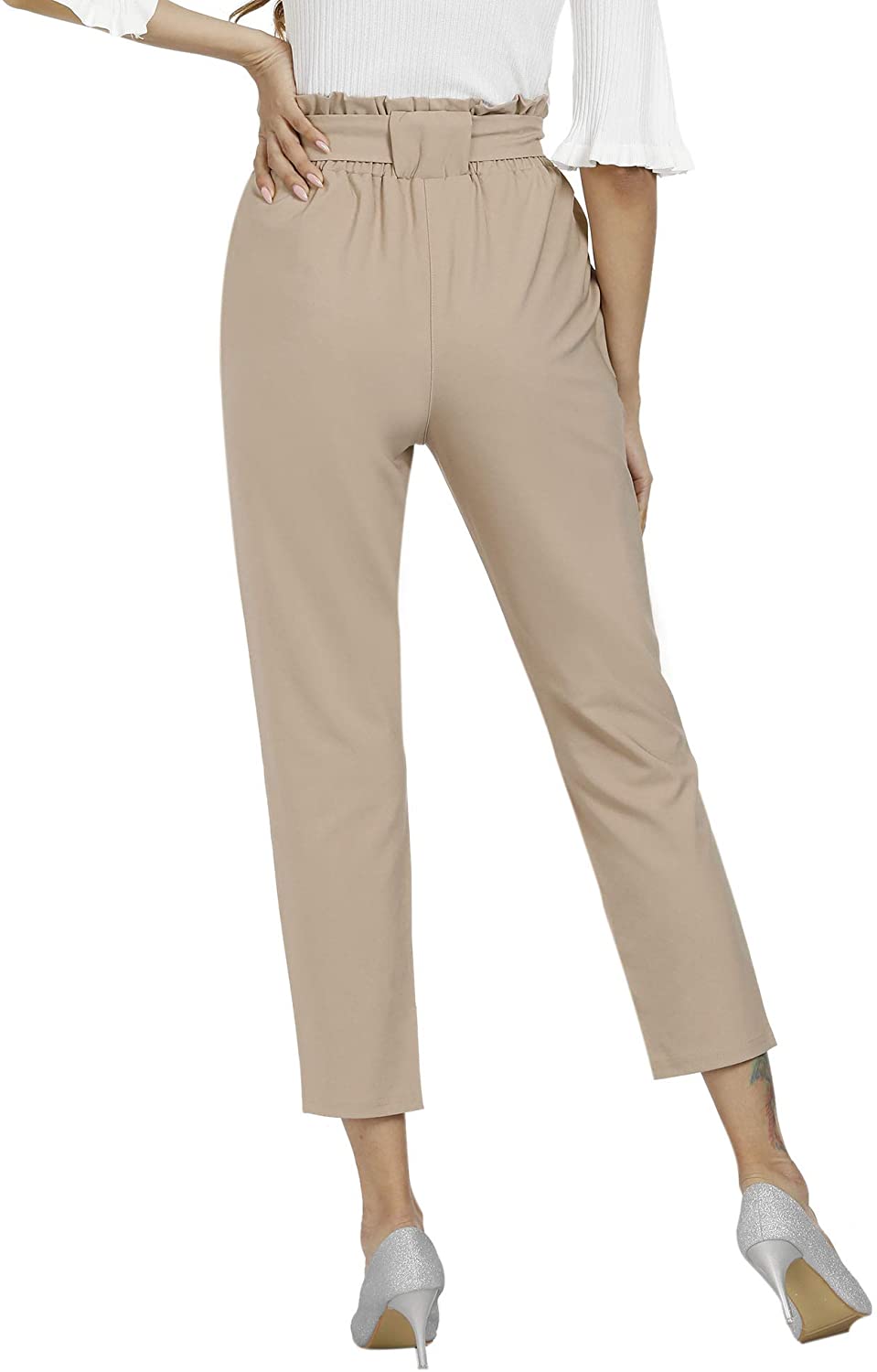 Freeprance Women's Pants Casual Trouser Paper Bag Pants Elastic Waist Slim Pockets