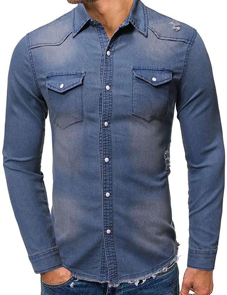 Cloudstyle Men's Regular Fit Button Down Casual Denim Shirts Long Sleeve Jean Shirts