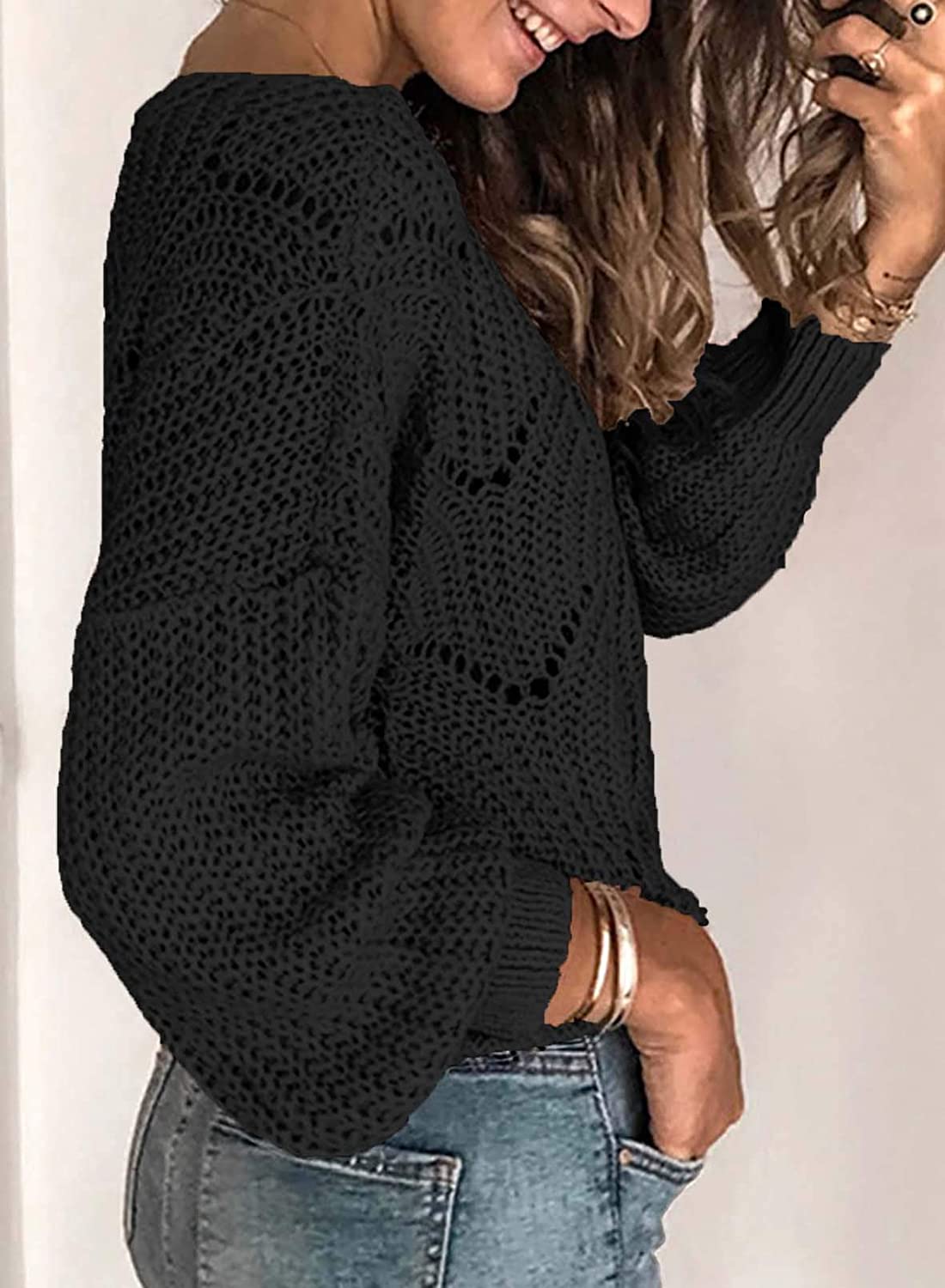 Dokotoo Womens Cute Soft Crewneck Long Sleeve Hollow Cable Knit Pullover Sweaters