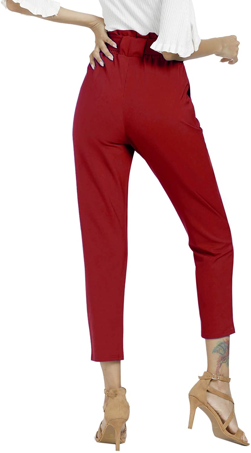 Freeprance Women's Pants Casual Trouser Paper Bag Pants Elastic Waist Slim Pockets