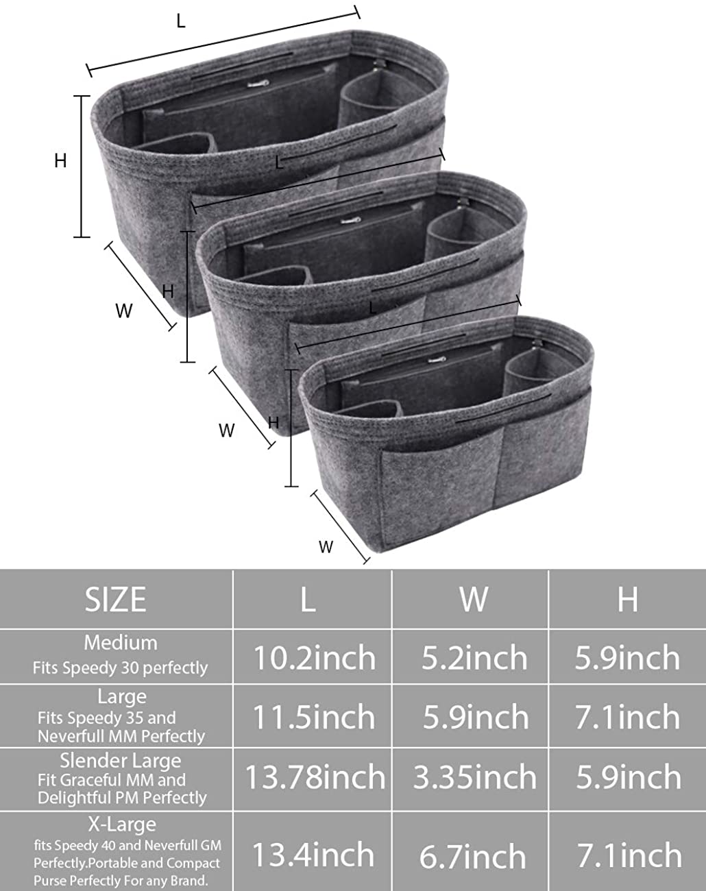 Felt Purse Organizer Insert Zipper Pocket with Two Removeable Bottle Holder
