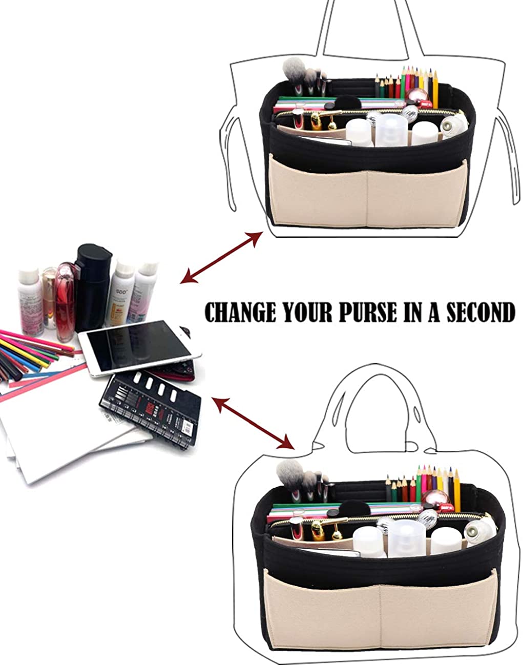 Felt Purse Bag Organizer Insert with zipper Bag Tote Shaper Fit Speedy Neverfull MM GM