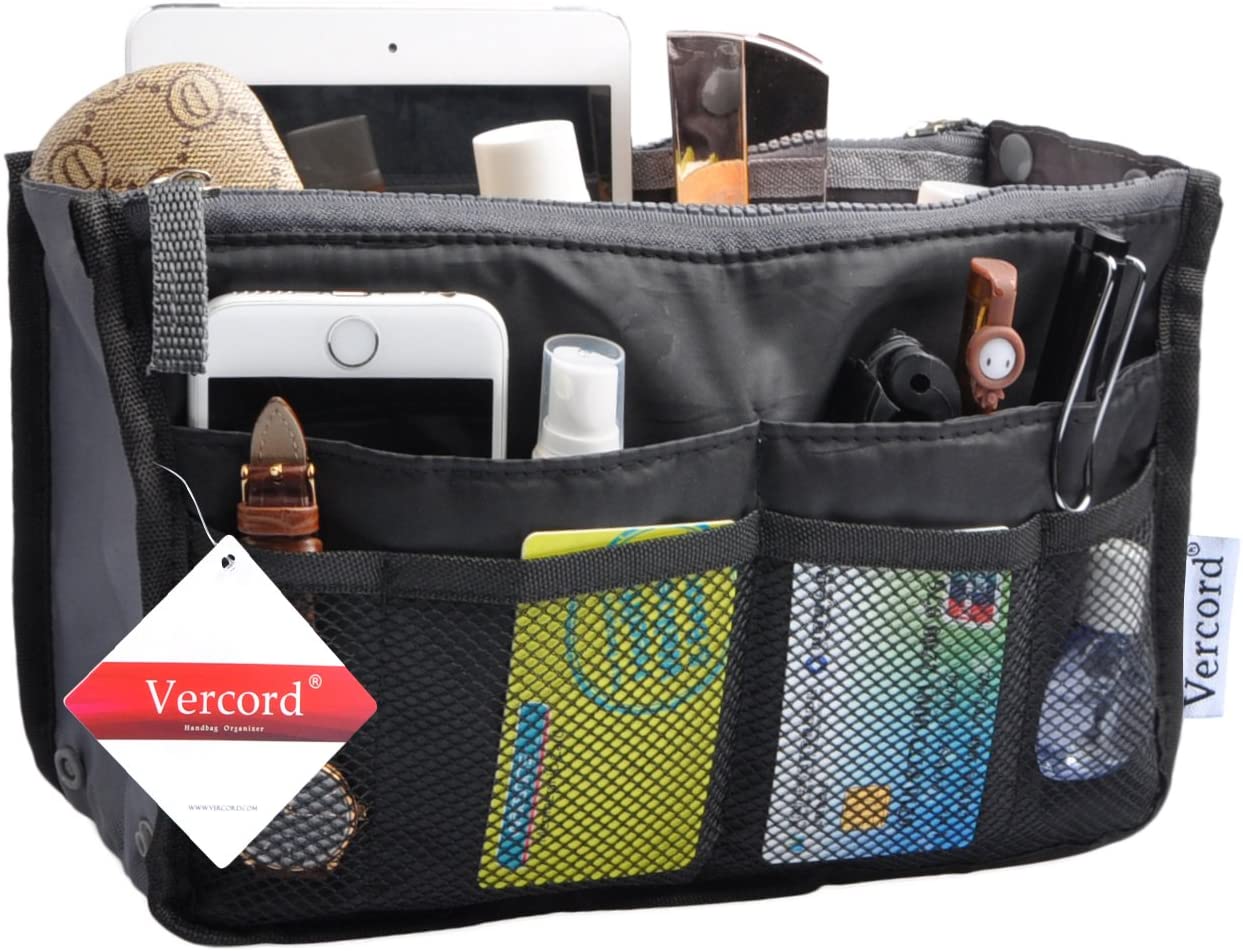 Vercord Purse Organizer Insert for Handbags Bag Organizers Inside Tote Pocketbook Women Nurse Nylon 13 Pockets Black Medium