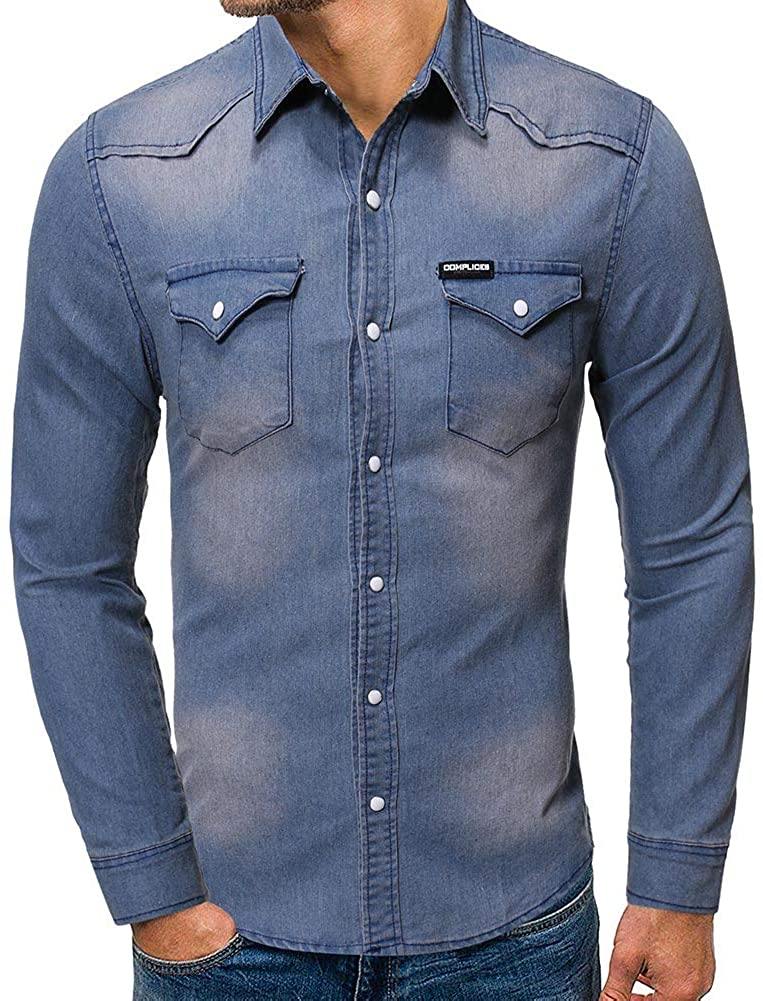 Cloudstyle Men's Regular Fit Button Down Casual Denim Shirts Long Sleeve Jean Shirts