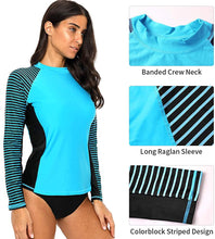 
                        
                          將圖片載入圖庫檢視器 CharmLeaks Women's Long Sleeve Rashguard UPF 50 Sun Protection Swimsuit Top Striped Swim Shirts
                        
                      