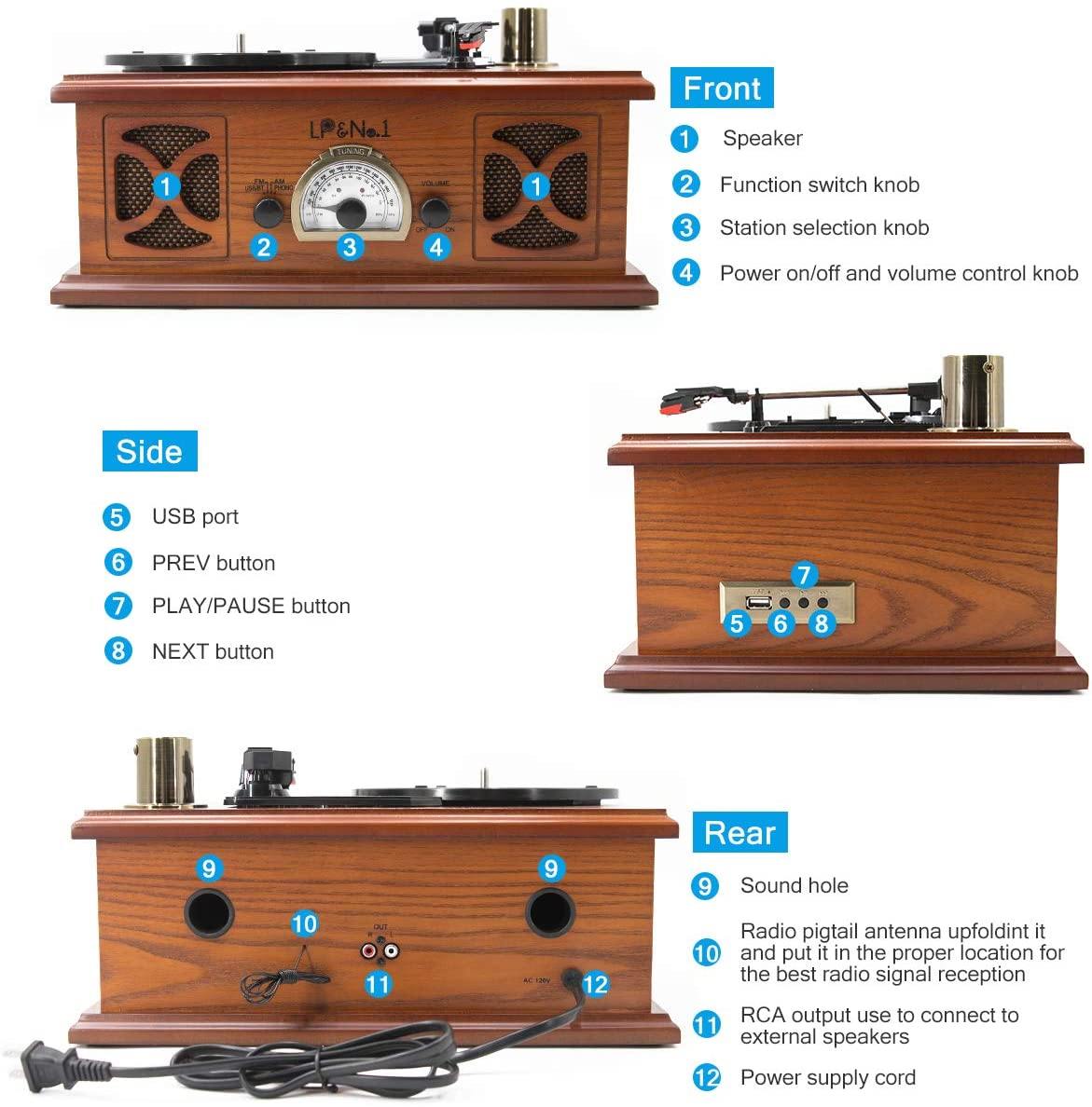 LP&NO.1 Record Player, Classic Bluetooth Turntable with USB Recording - JOY2ESpree