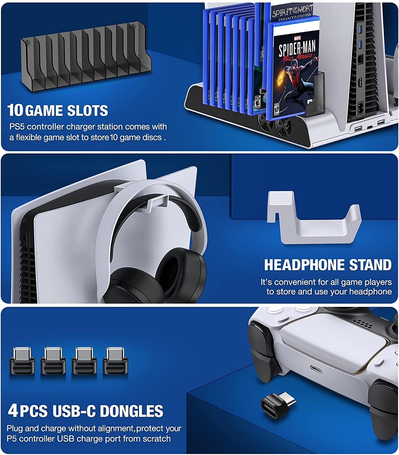 PS5 Accessories Stand Cooling Fan, PS5 Stand with Cooling Fan And Controller Charger Station for Playstation 5 Console - JOY2ESpree