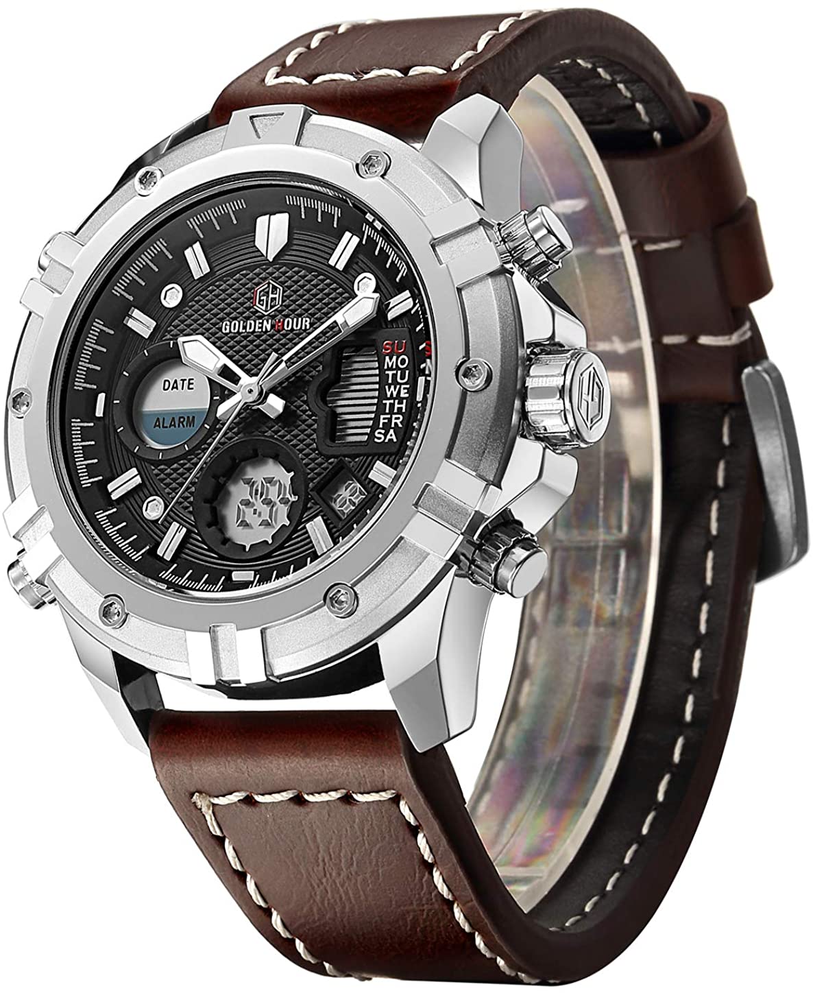 Mens Sport Watch Digital Analog Quartz Waterproof Multifunctional Military Leather Wrist Watches