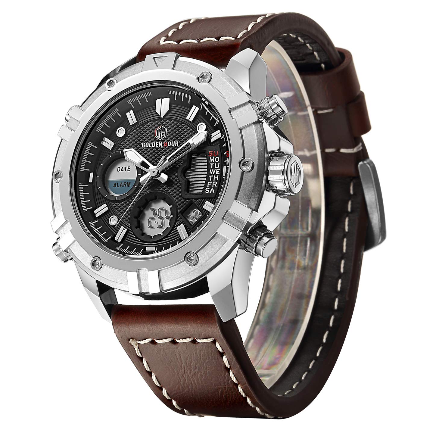 Mens Sport Watch Digital Analog Quartz Waterproof Multifunctional Military Leather Wrist Watches
