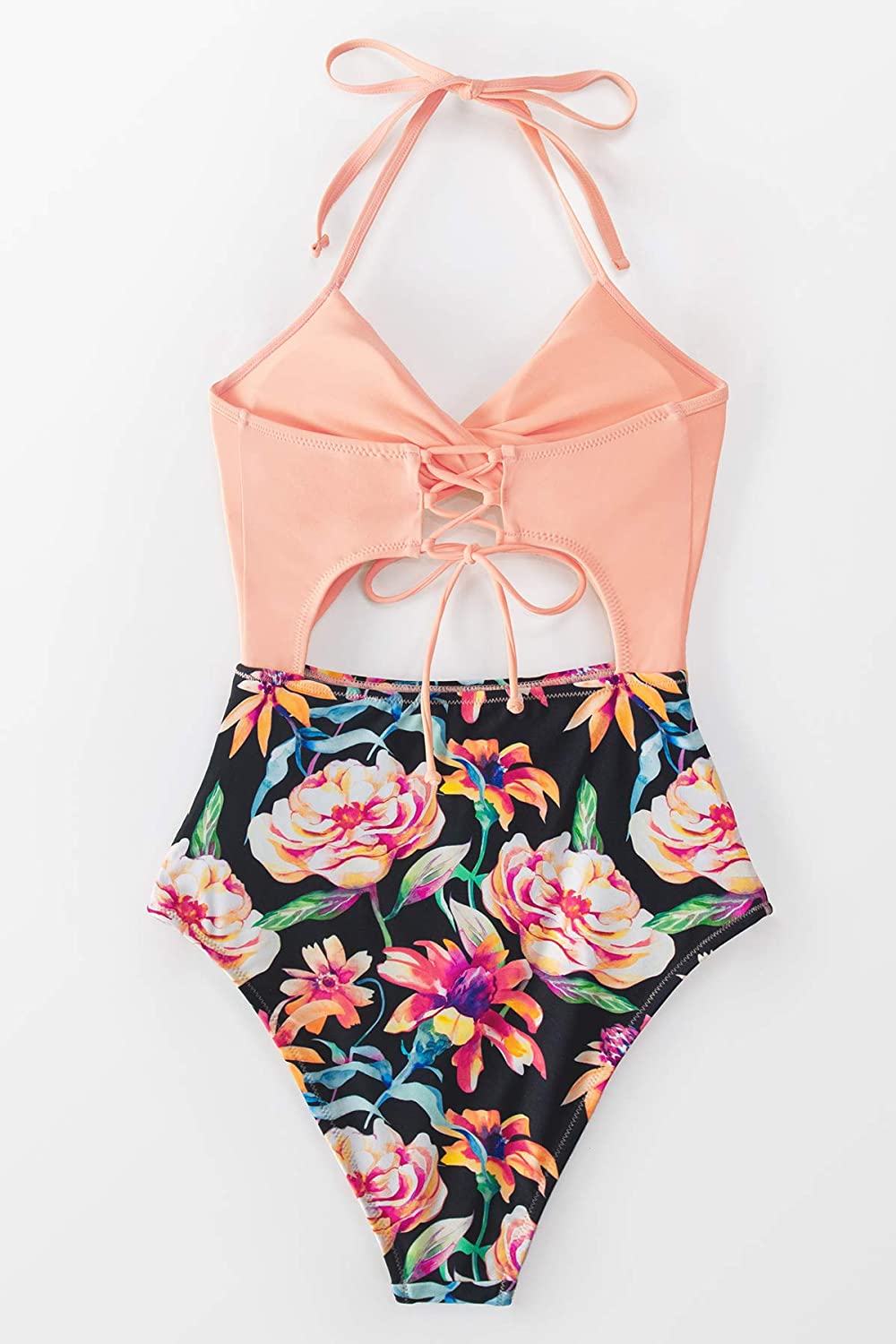 CUPSHE Women's Black Floral Print Halter Cutout High Waist One Piece Swimsuit