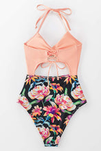 
                        
                          Load image into Gallery viewer, CUPSHE Women's Black Floral Print Halter Cutout High Waist One Piece Swimsuit
                        
                      