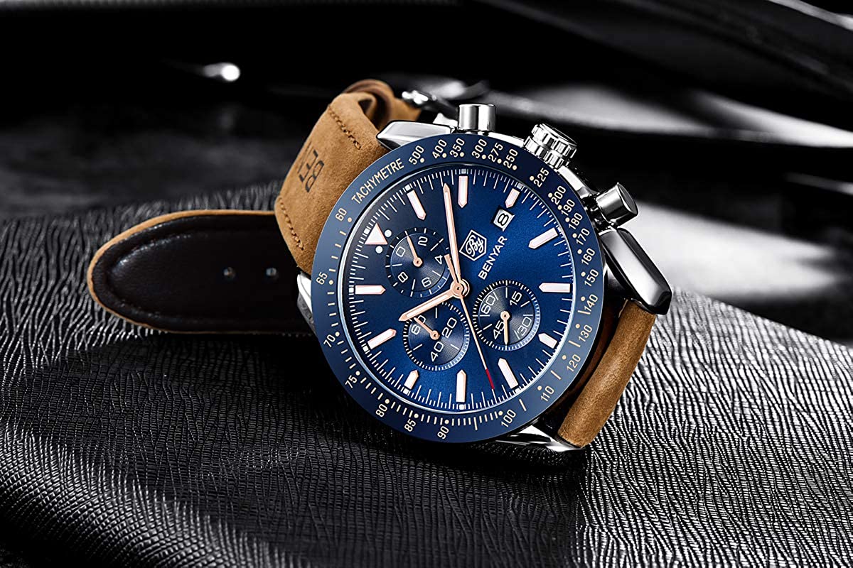 BENYAR Chronograph Mens Watch Quartz Movement 30M Waterproof | Leather Watch Strap