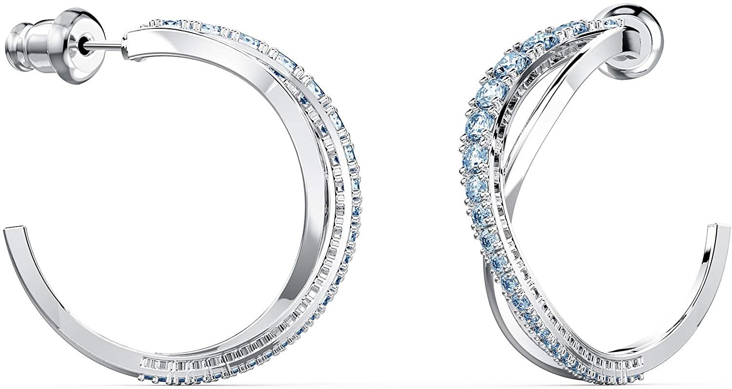 SWAROVSKI Women's Twist Hoop Earrings Collection, Rhodium Finish, Blue Crystals, Clear Crystals - JOY2ESpree