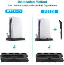 
                        
                          Load image into Gallery viewer, Vertical Stand with Cooling Fan for PS5 Console and Playstation 5 Digital Edition - JOY2ESpree
                        
                      