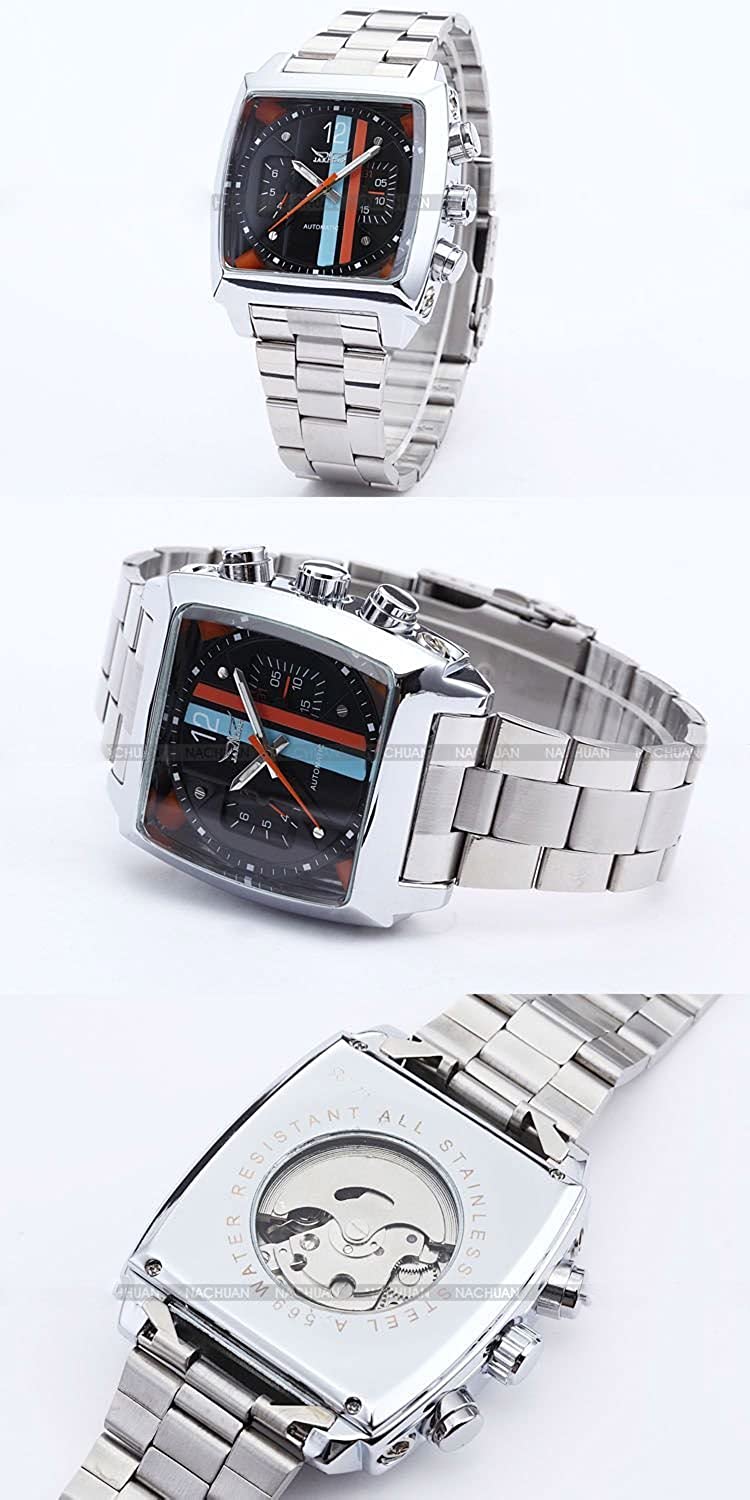 Fanmis Mens Automatic Analog Oblong Date Silver Stainless Steel Wrist Watch Business Luminous Watch