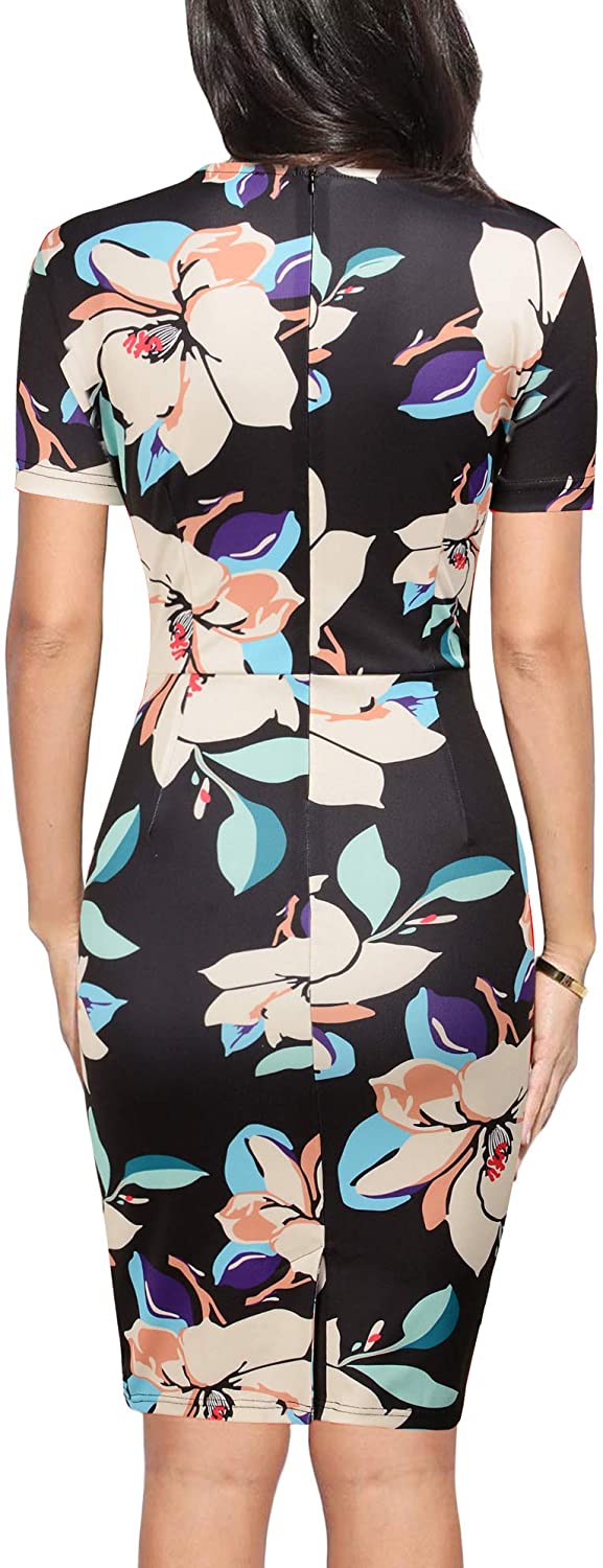 FORTRIC Women Printing Church Business Office Work Elegant Bodycon Pencil Dress