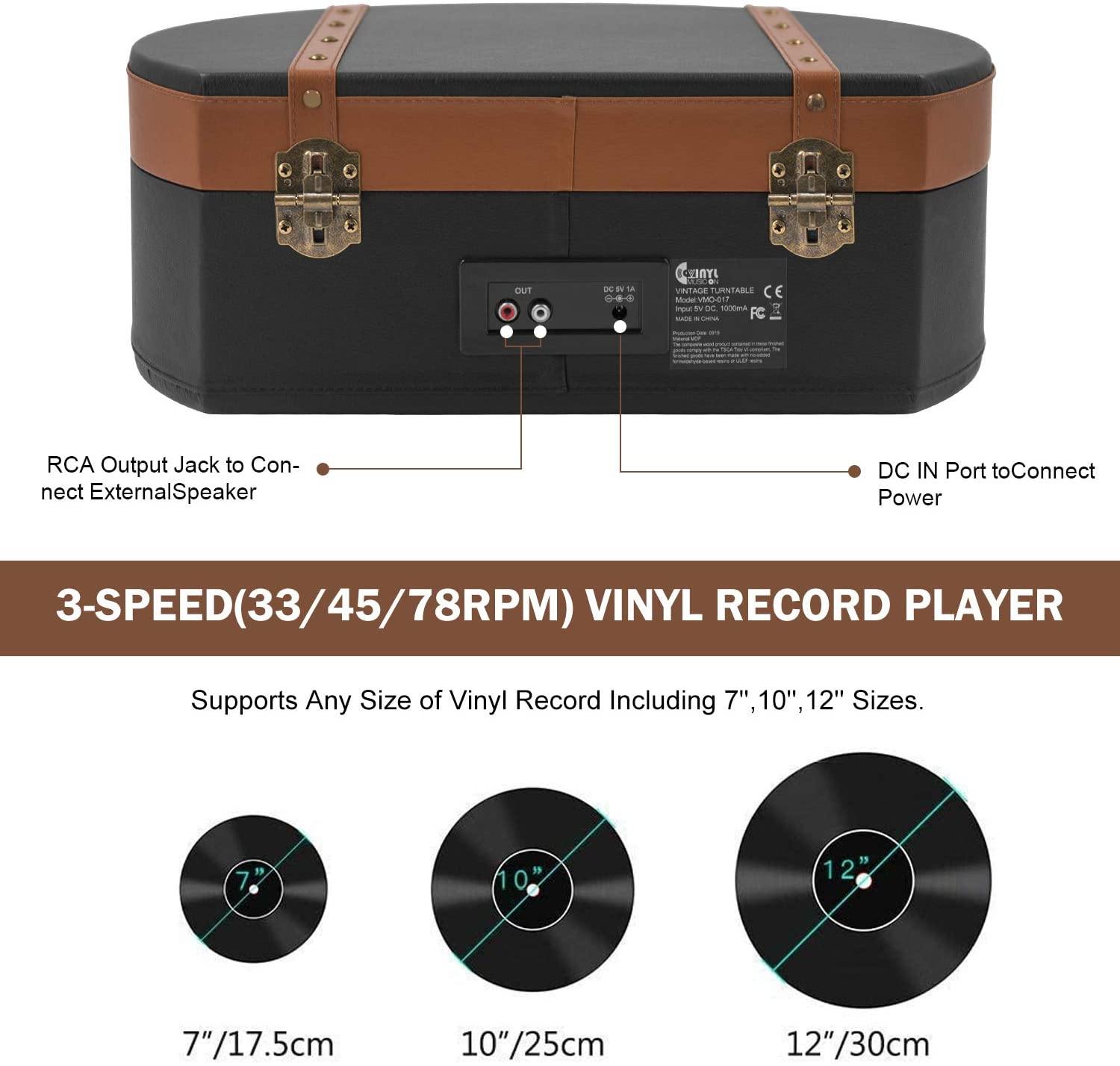 Bluetooth Record Player 3 Speed Craftmanship Turntable with Built-in Premium Speakers Support USB Playback/Recording (Black)… - JOY2ESpree