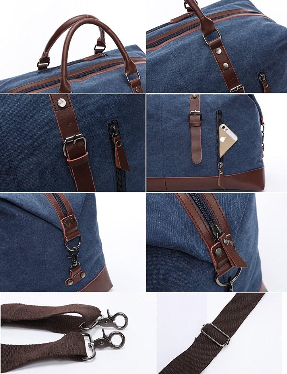 BAOSHA Canvas PU Leather Travel Tote Duffel Bag Carry on Bag Weekender Overnight Bag - JOY2ESpree