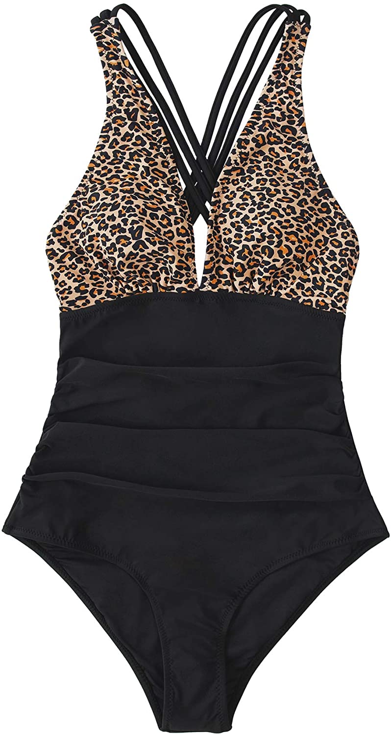 CUPSHE Women's One Piece Swimsuit V Neck Tummy Control Cross Back Vintage Swimwear Bathing Suits