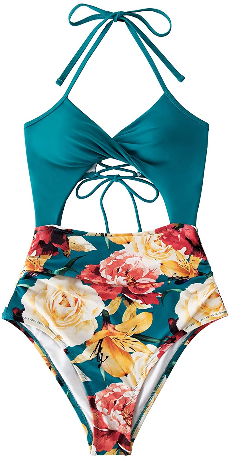 CUPSHE Women's Black Floral Print Halter Cutout High Waist One Piece Swimsuit