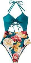 
                        
                          Load image into Gallery viewer, CUPSHE Women's Black Floral Print Halter Cutout High Waist One Piece Swimsuit
                        
                      
