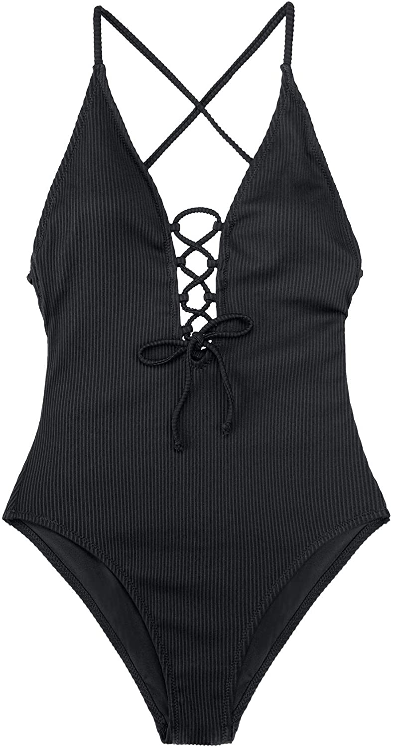 CUPSHE Women's Solid Color V Neck Lace Up One Piece Swimsuit