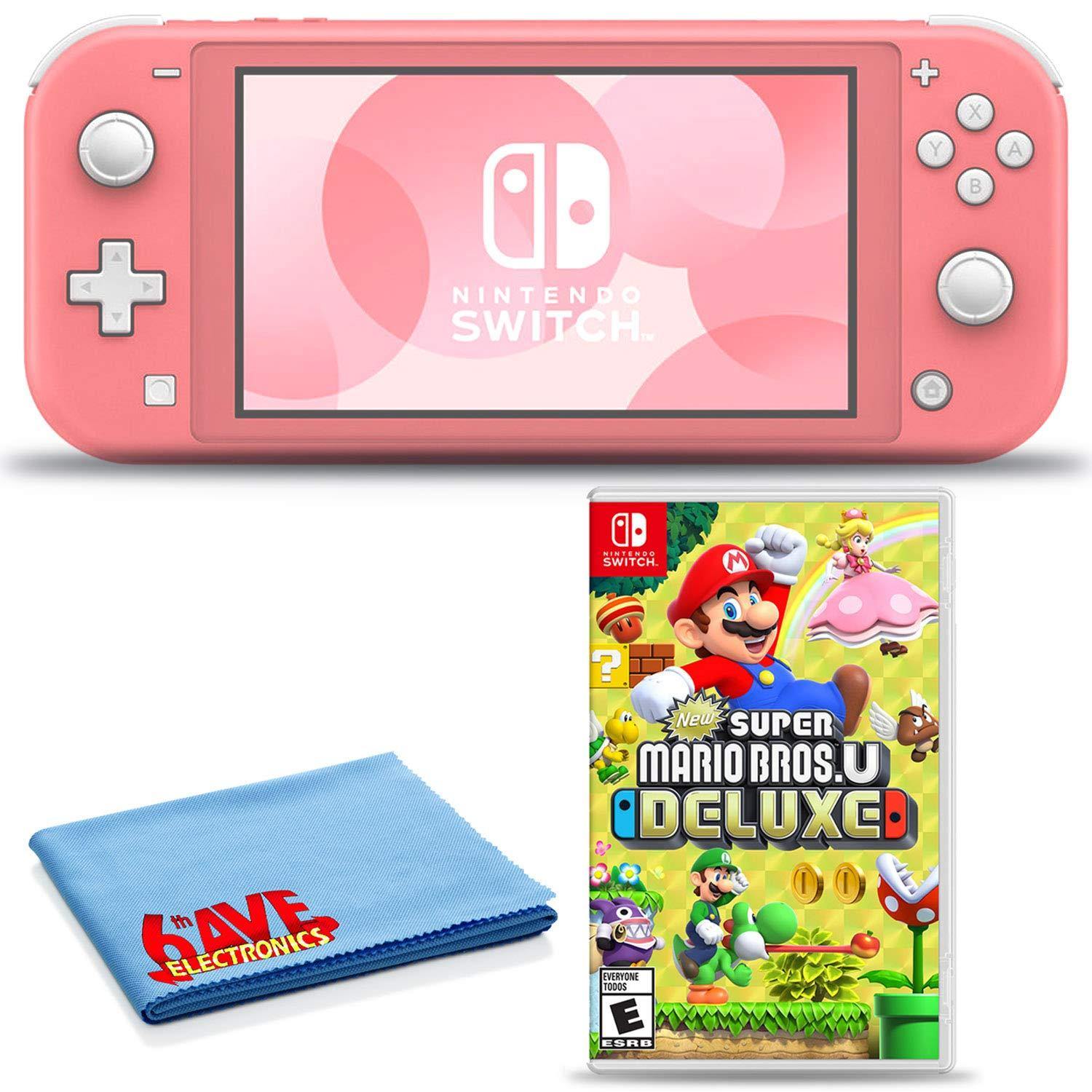 Nintendo Switch Lite (Coral) Console Bundle with New Super Mario Bros. U Deluxe and 6Ave Cleaning Cloth - JOY2ESpree