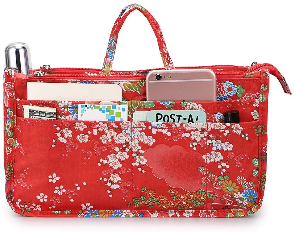 BTSKY New Printing Handbag Organizers Inside Purse Insert-High Capacity 13 Pockets Bag Tote Organizer with Handle Peacock Flower