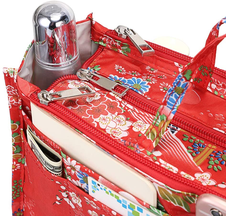 BTSKY New Printing Handbag Organizers Inside Purse Insert-High Capacity 13 Pockets Bag Tote Organizer with Handle Peacock Flower