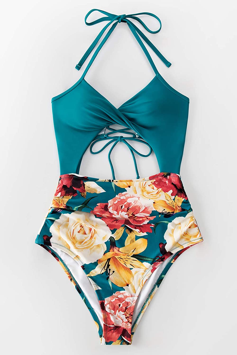 CUPSHE Women's Black Floral Print Halter Cutout High Waist One Piece Swimsuit