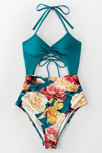 
                        
                          Load image into Gallery viewer, CUPSHE Women's Black Floral Print Halter Cutout High Waist One Piece Swimsuit
                        
                      