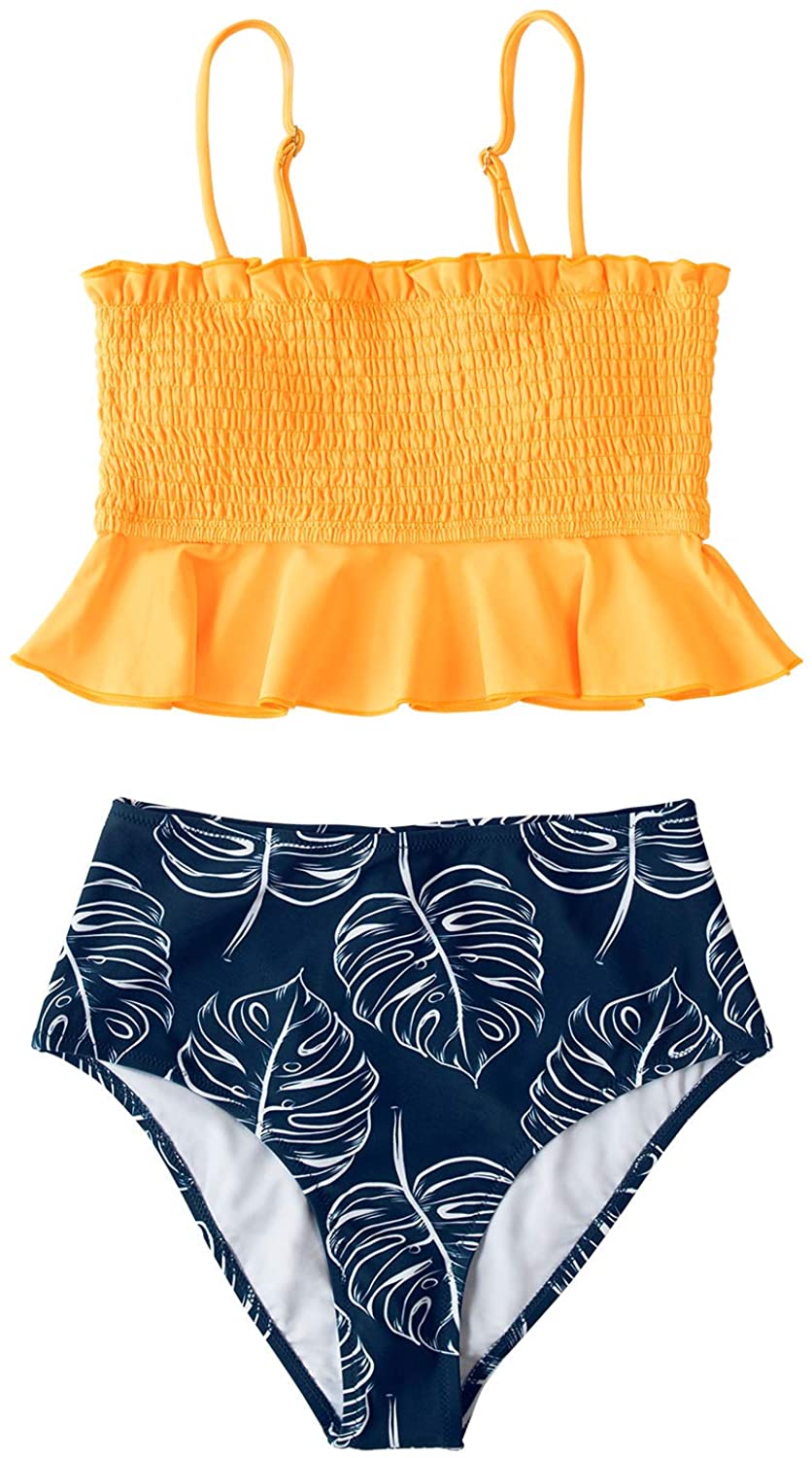CUPSHE Women's High Waist Bikini Swimsuit Ruffle Smock Floral Print Two Piece Bathing Suit