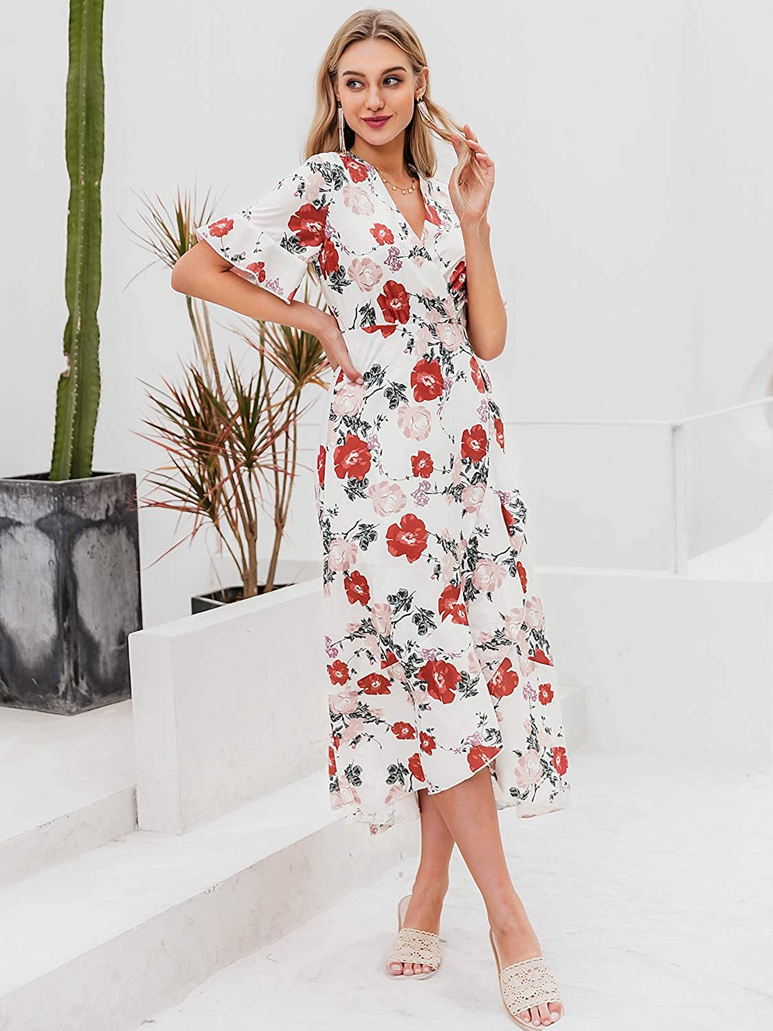 Miessial Women's Summer Chiffon V Neck Ruffle Maxi Dress Polka Dot Long Beach Wrap Dress