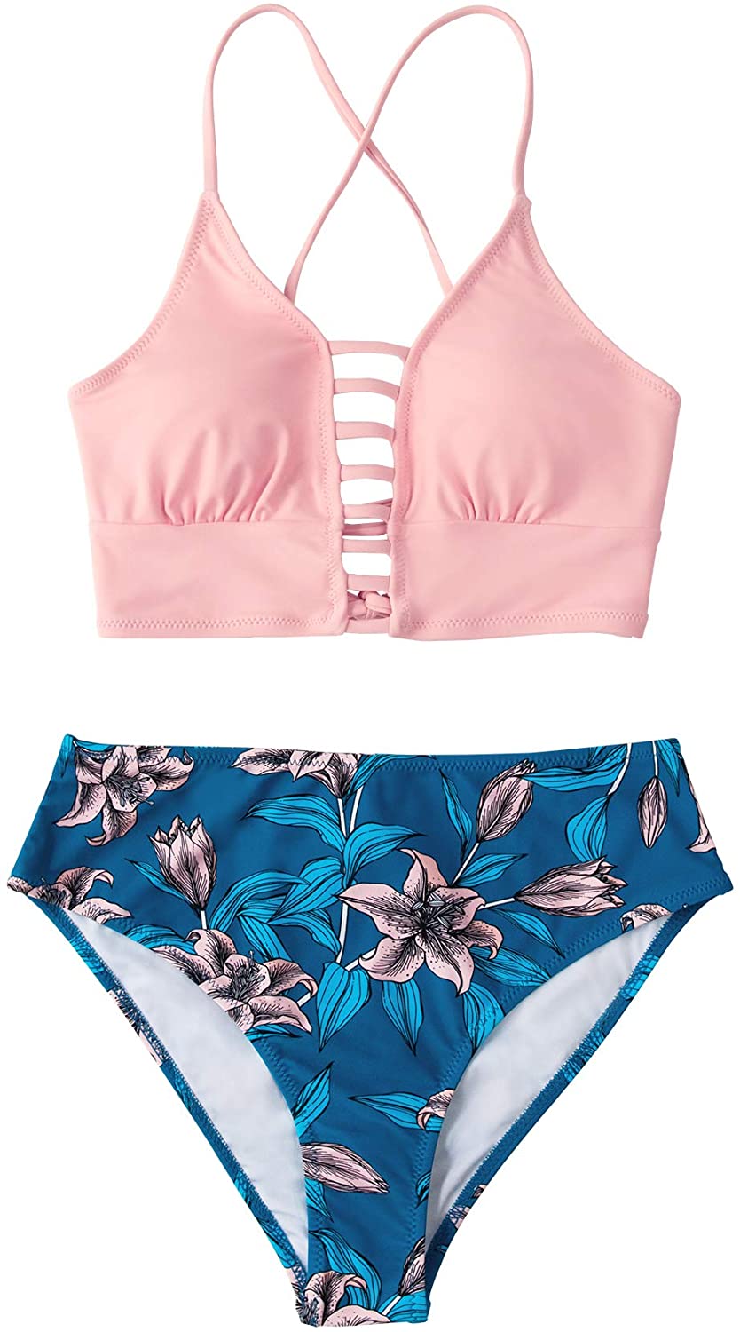 CUPSHE Women’s Bikini Swimsuit Floral Print Lace Up Strappy Two Piece Bathing Suit