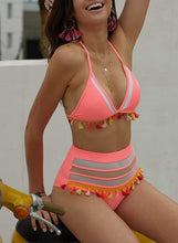 
                        
                          Cargar imagen en el visor de la galería, Bdcoco Women's High Waist Two Pieces Bikini Set Padded Stripe Tassel Swimsuit
                        
                      