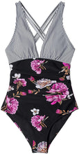 
                        
                          Load image into Gallery viewer, CUPSHE Women's One Piece Swimsuit V Neck Tummy Control Cross Back Vintage Swimwear Bathing Suits
                        
                      